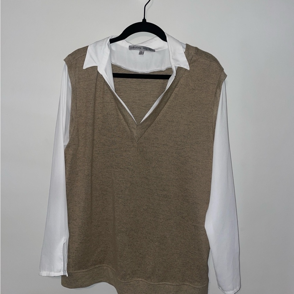 Tan and White Layered V-Neck Sweater